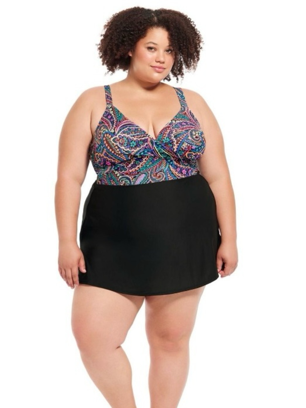Plus-Size Paisley-Print Tankini Swimdress with Black Skirt